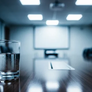 Copo d’água sobre mesa de entrevista de emprego, símbolo de poder e performance corporativa