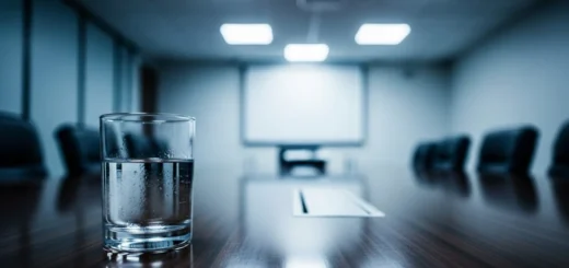 Copo d’água sobre mesa de entrevista de emprego, símbolo de poder e performance corporativa