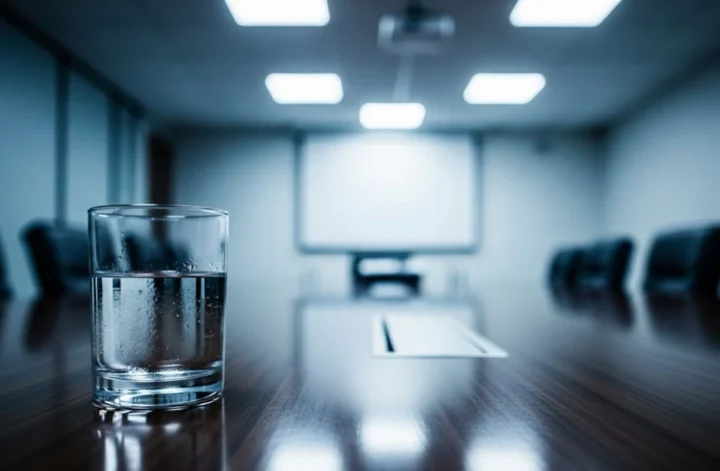 Copo d’água sobre mesa de entrevista de emprego, símbolo de poder e performance corporativa