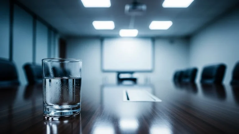 Copo d’água sobre mesa de entrevista de emprego, símbolo de poder e performance corporativa