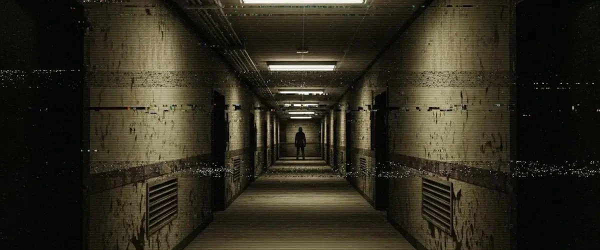 Imagem em estilo analog horror mostrando corredor digital com efeito VHS, ruídos visuais e silhueta misteriosa ao fundo, representando creepypastas e desinformação