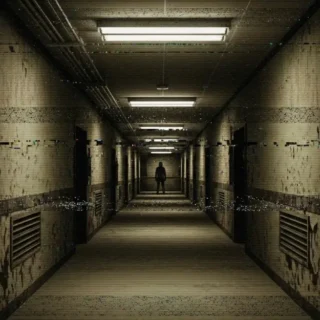 Imagem em estilo analog horror mostrando corredor digital com efeito VHS, ruídos visuais e silhueta misteriosa ao fundo, representando creepypastas e desinformação