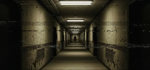Imagem em estilo analog horror mostrando corredor digital com efeito VHS, ruídos visuais e silhueta misteriosa ao fundo, representando creepypastas e desinformação