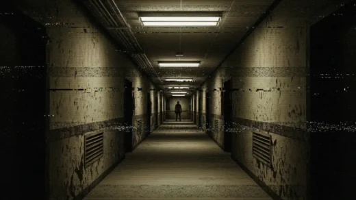 Imagem em estilo analog horror mostrando corredor digital com efeito VHS, ruídos visuais e silhueta misteriosa ao fundo, representando creepypastas e desinformação
