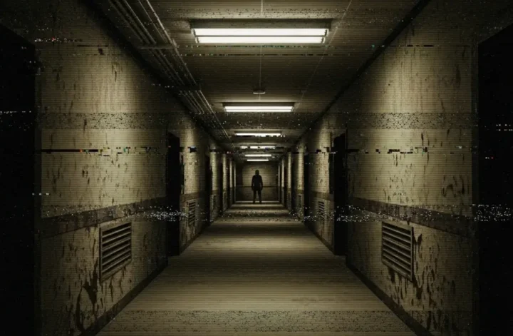 Imagem em estilo analog horror mostrando corredor digital com efeito VHS, ruídos visuais e silhueta misteriosa ao fundo, representando creepypastas e desinformação