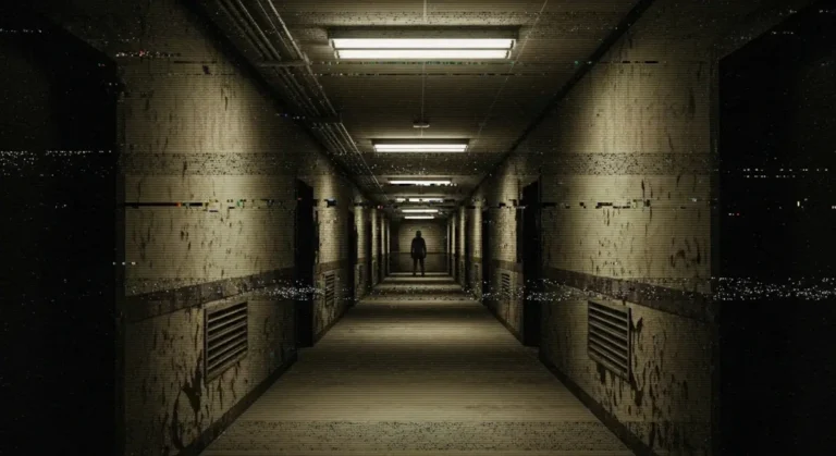O Sopro da Mentira Verdadeira: Como as Creepypastas Inventaram um Realismo Mais Convincente que o Jornalismo 8 Imagem em estilo analog horror mostrando corredor digital com efeito VHS, ruídos visuais e silhueta misteriosa ao fundo, representando creepypastas e desinformação
