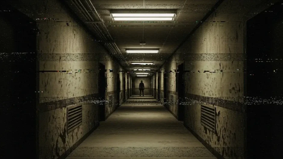 Imagem em estilo analog horror mostrando corredor digital com efeito VHS, ruídos visuais e silhueta misteriosa ao fundo, representando creepypastas e desinformação