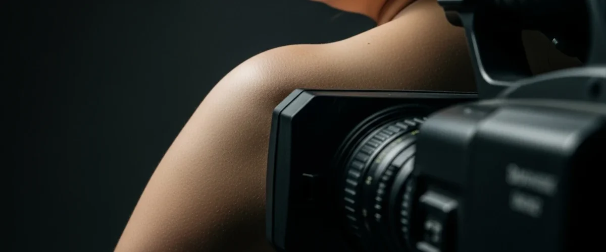 Câmera de televisão posicionada muito próxima ao corpo humano, sugerindo a invasão da intimidade física pelo dispositivo midiático.