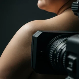 Câmera de televisão posicionada muito próxima ao corpo humano, sugerindo a invasão da intimidade física pelo dispositivo midiático.