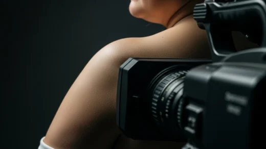 Câmera de televisão posicionada muito próxima ao corpo humano, sugerindo a invasão da intimidade física pelo dispositivo midiático.