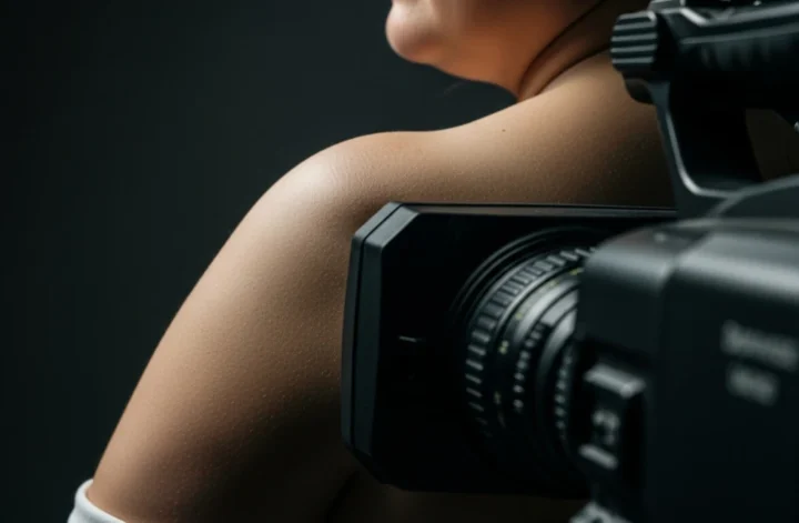 Câmera de televisão posicionada muito próxima ao corpo humano, sugerindo a invasão da intimidade física pelo dispositivo midiático.