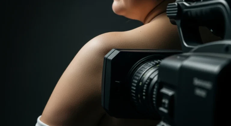 Câmera de televisão posicionada muito próxima ao corpo humano, sugerindo a invasão da intimidade física pelo dispositivo midiático.