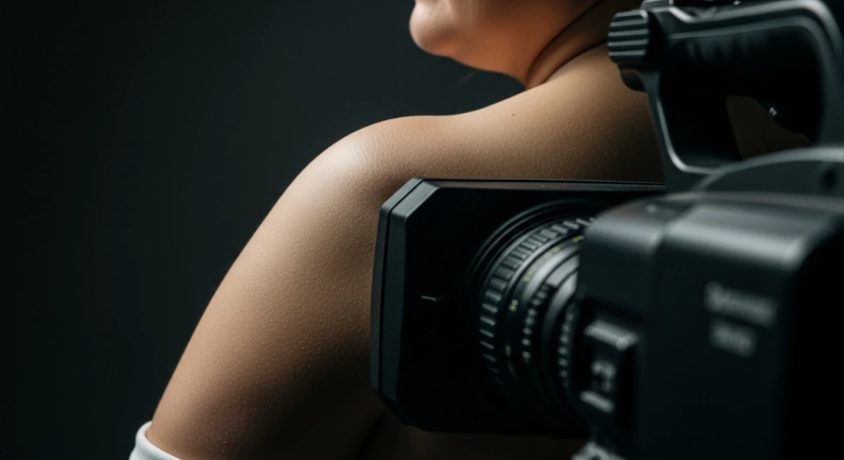 Câmera de televisão posicionada muito próxima ao corpo humano, sugerindo a invasão da intimidade física pelo dispositivo midiático.