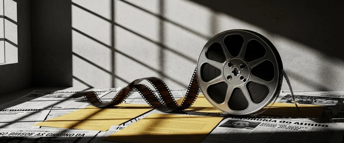 rolo de filme antigo se desenrolando sobre documentos amarelados, recortes de jornal vintage em português, sombras de grades projetadas na parede