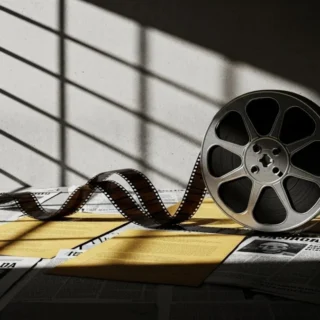 rolo de filme antigo se desenrolando sobre documentos amarelados, recortes de jornal vintage em português, sombras de grades projetadas na parede