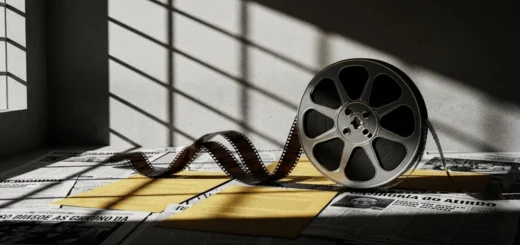 rolo de filme antigo se desenrolando sobre documentos amarelados, recortes de jornal vintage em português, sombras de grades projetadas na parede