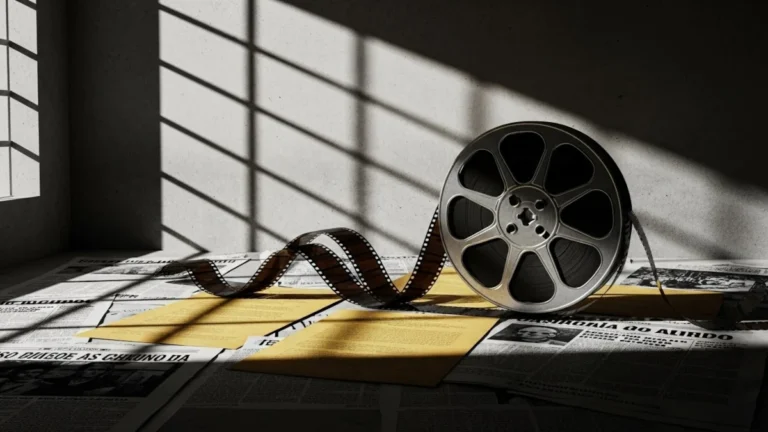 rolo de filme antigo se desenrolando sobre documentos amarelados, recortes de jornal vintage em português, sombras de grades projetadas na parede