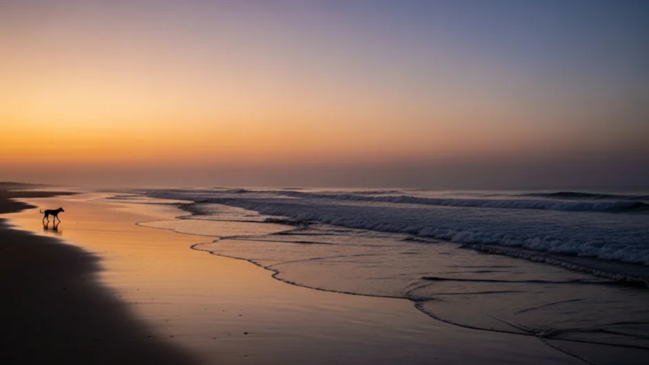 Praia ao entardecer simbolizando o silêncio e a ausência no caso do cão Orelha