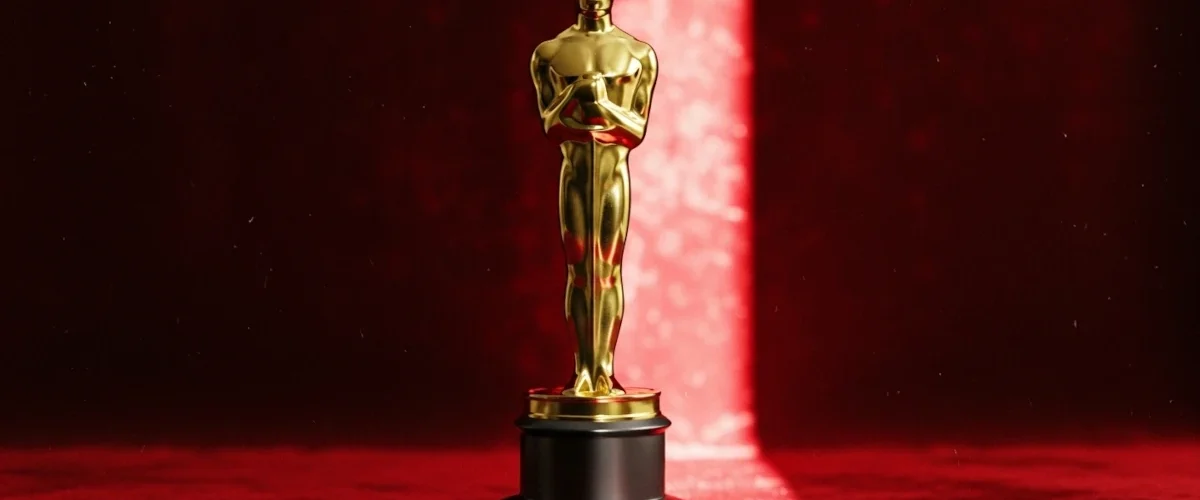 Estatueta do Oscar dourada sobre pedestal preto, em fundo vermelho com feixe de luz dramático.