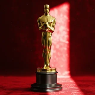 Estatueta do Oscar dourada sobre pedestal preto, em fundo vermelho com feixe de luz dramático.