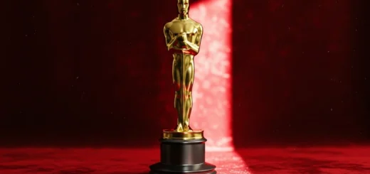 Estatueta do Oscar dourada sobre pedestal preto, em fundo vermelho com feixe de luz dramático.