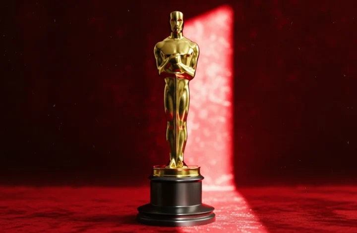 Estatueta do Oscar dourada sobre pedestal preto, em fundo vermelho com feixe de luz dramático.