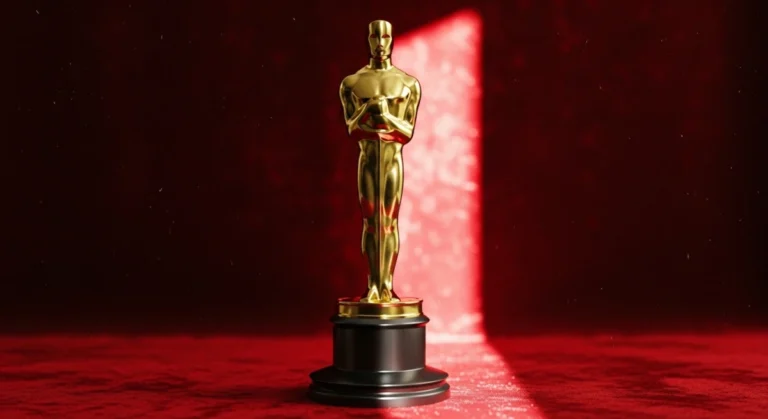 Estatueta do Oscar dourada sobre pedestal preto, em fundo vermelho com feixe de luz dramático.