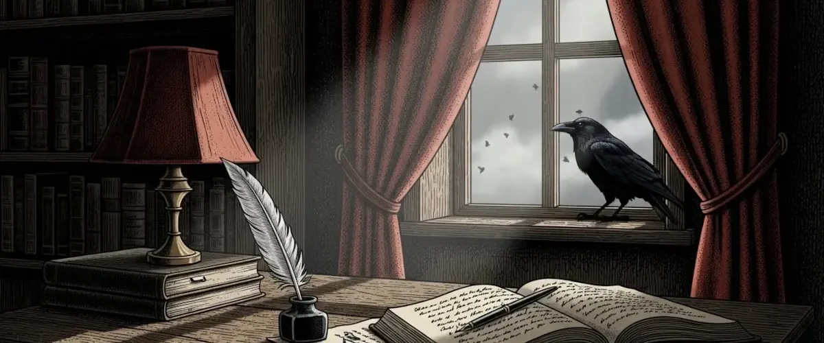 Ilustração gótica inspirada em Edgar Allan Poe, com mesa de escrita, livro antigo, pena e atmosfera sombria em um gabinete vitoriano.