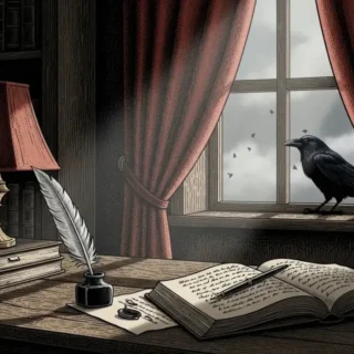 Ilustração gótica inspirada em Edgar Allan Poe, com mesa de escrita, livro antigo, pena e atmosfera sombria em um gabinete vitoriano.