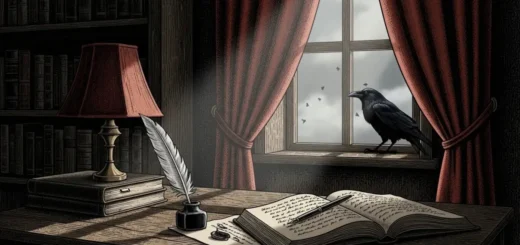 Ilustração gótica inspirada em Edgar Allan Poe, com mesa de escrita, livro antigo, pena e atmosfera sombria em um gabinete vitoriano.