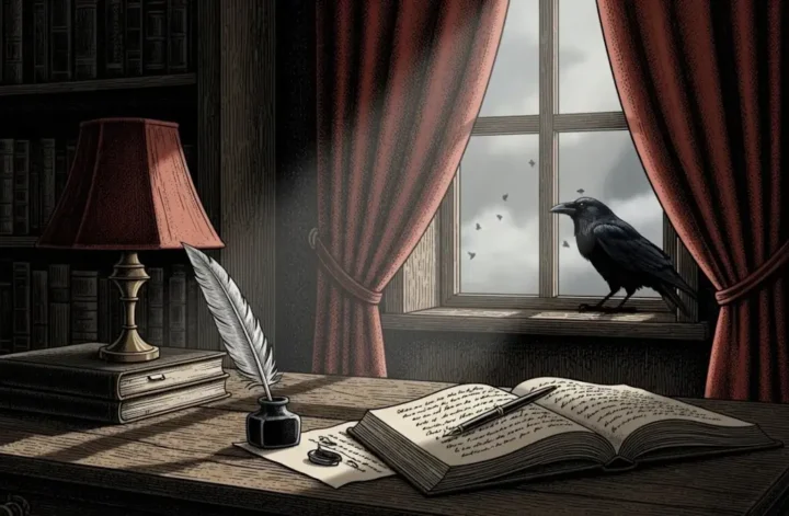Ilustração gótica inspirada em Edgar Allan Poe, com mesa de escrita, livro antigo, pena e atmosfera sombria em um gabinete vitoriano.