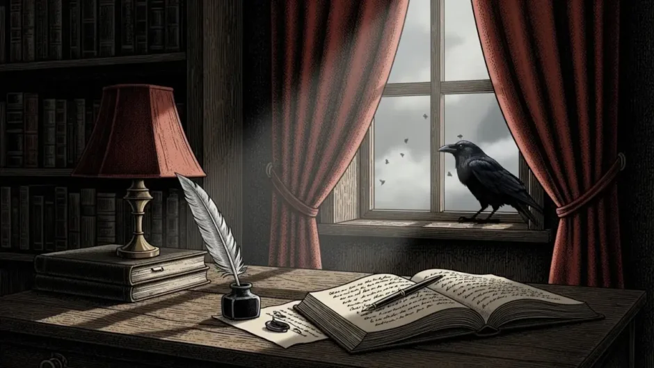 Ilustração gótica inspirada em Edgar Allan Poe, com mesa de escrita, livro antigo, pena e atmosfera sombria em um gabinete vitoriano.