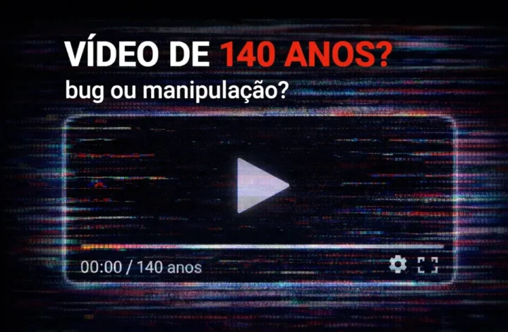 “Thumbnail ilustrativa de player com glitch e texto ‘Vídeo de 140 anos? bug ou manipulação?’”