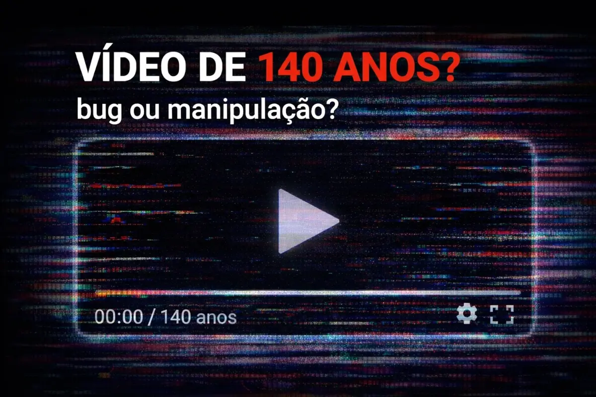 “Thumbnail ilustrativa de player com glitch e texto ‘Vídeo de 140 anos? bug ou manipulação?’”