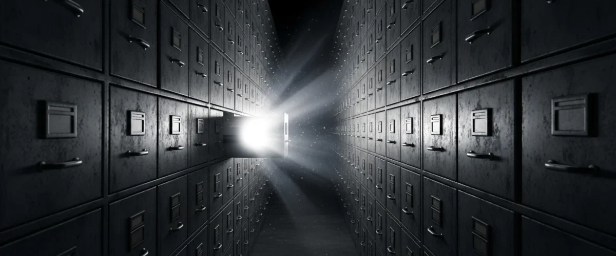 Corredor infinito de arquivos com uma única gaveta iluminada simbolizando a divulgação parcial dos arquivos Epstein