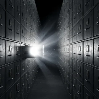 Corredor infinito de arquivos com uma única gaveta iluminada simbolizando a divulgação parcial dos arquivos Epstein
