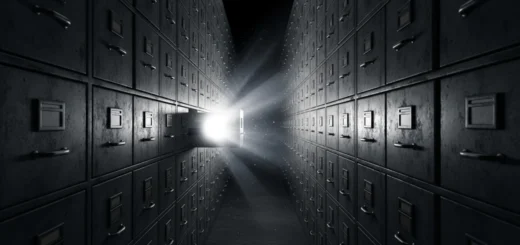 Corredor infinito de arquivos com uma única gaveta iluminada simbolizando a divulgação parcial dos arquivos Epstein