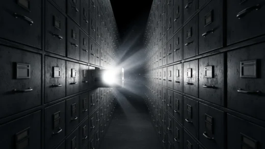 Corredor infinito de arquivos com uma única gaveta iluminada simbolizando a divulgação parcial dos arquivos Epstein