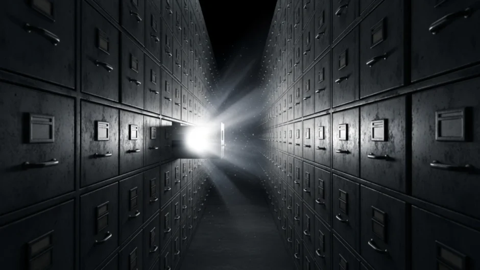 Corredor infinito de arquivos com uma única gaveta iluminada simbolizando a divulgação parcial dos arquivos Epstein