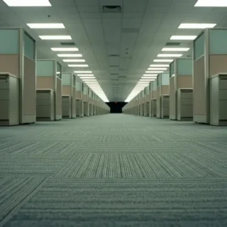 Escritório corporativo com cubículos repetitivos e iluminação fluorescente, remetendo à estética liminal dos Backrooms