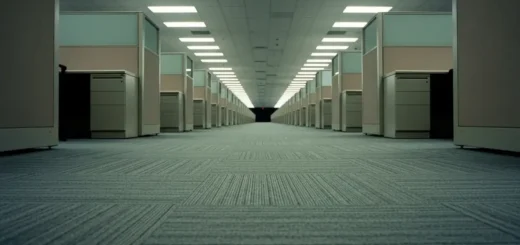 Escritório corporativo com cubículos repetitivos e iluminação fluorescente, remetendo à estética liminal dos Backrooms