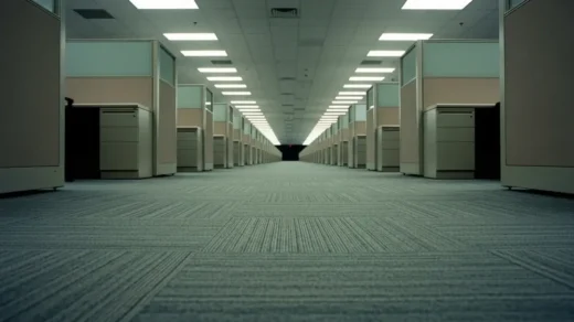 Escritório corporativo com cubículos repetitivos e iluminação fluorescente, remetendo à estética liminal dos Backrooms