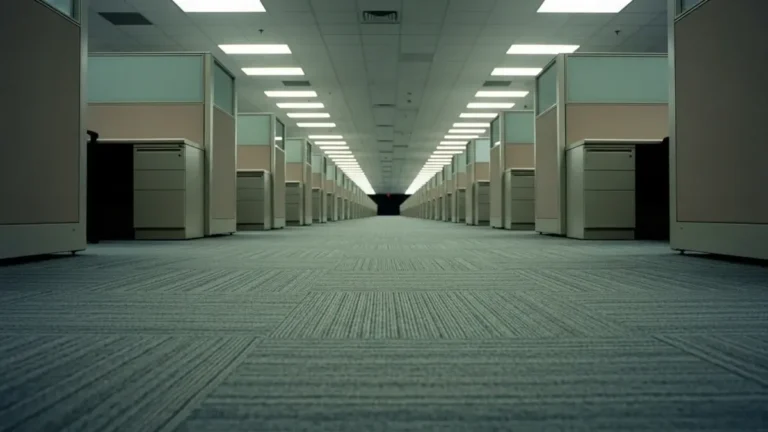 O Que São os Backrooms? Origem, Estética Liminal e o Terror que Redefiniu a Internet 1 Escritório corporativo com cubículos repetitivos e iluminação fluorescente, remetendo à estética liminal dos Backrooms