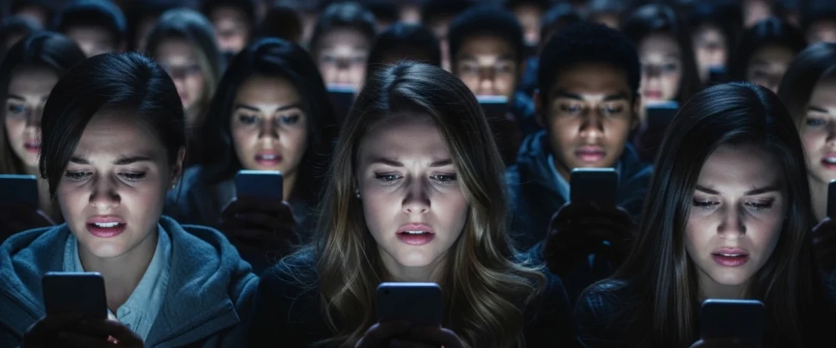 Multidão acompanhando notícias no celular em clima de tensão, representando o pânico digital e as discussões sobre o caso Banco Master nas redes sociais