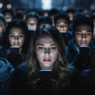 Multidão acompanhando notícias no celular em clima de tensão, representando o pânico digital e as discussões sobre o caso Banco Master nas redes sociais