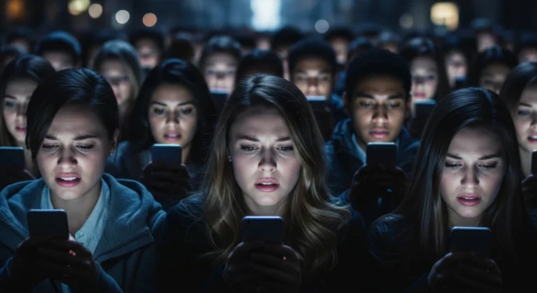 Multidão acompanhando notícias no celular em clima de tensão, representando o pânico digital e as discussões sobre o caso Banco Master nas redes sociais