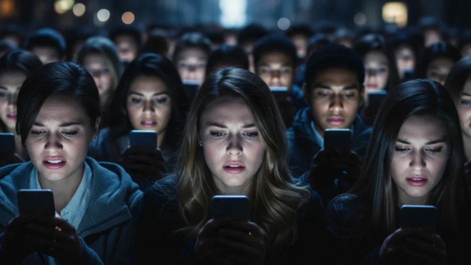 Multidão acompanhando notícias no celular em clima de tensão, representando o pânico digital e as discussões sobre o caso Banco Master nas redes sociais