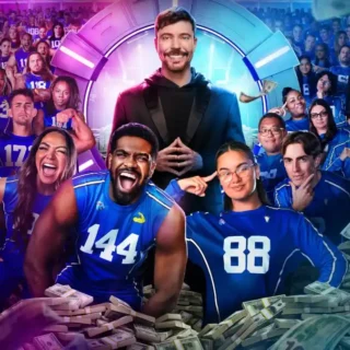 Imagem promocional de Beast Games com MrBeast cercado por participantes e dinheiro no Amazon Prime Video