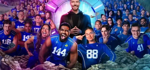 Imagem promocional de Beast Games com MrBeast cercado por participantes e dinheiro no Amazon Prime Video