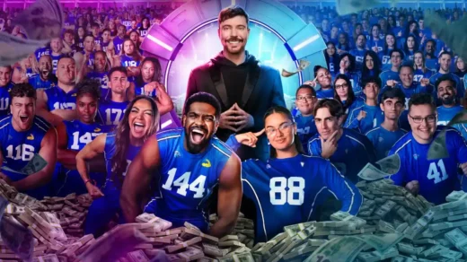 Imagem promocional de Beast Games com MrBeast cercado por participantes e dinheiro no Amazon Prime Video